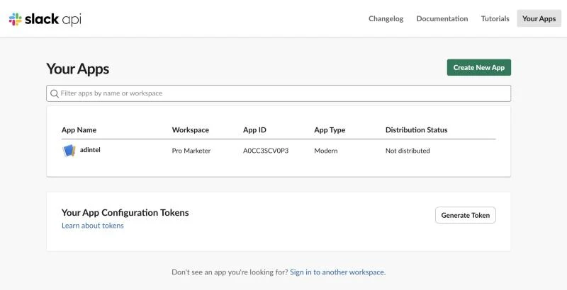 Slack's Your Apps page with the Create New App button