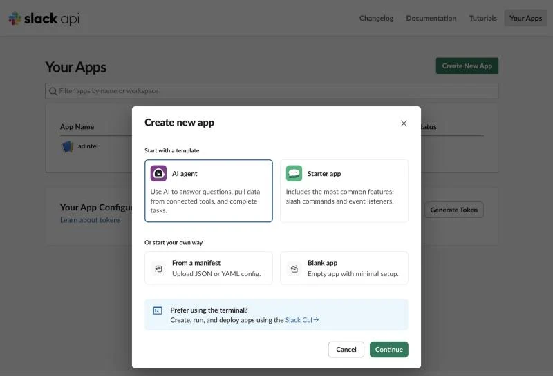The Create new app dialog, with the Blank app option
