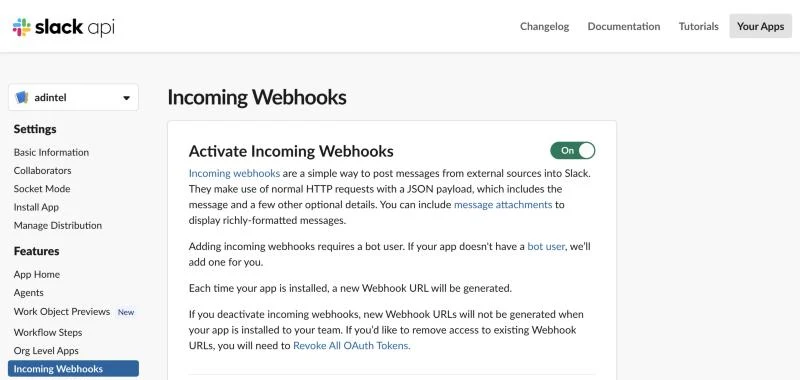 The Incoming Webhooks page with the switch turned on