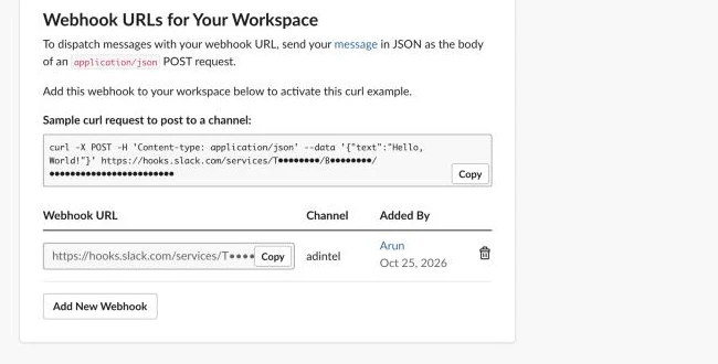 The webhook list with a Copy button next to the new webhook