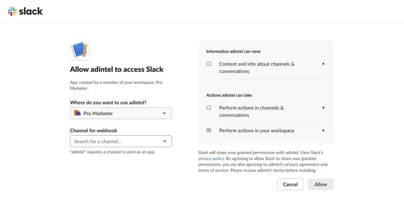 Slack's authorization page asking which channel the webhook posts to