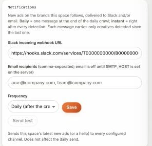 adintel's Notifications box on the Team page with the webhook field, frequency and Send test