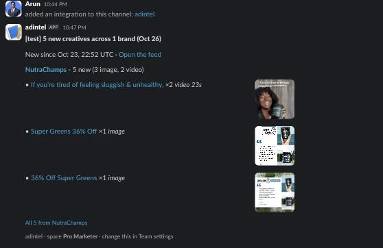 A test message from adintel in a Slack channel, listing new creatives with thumbnails