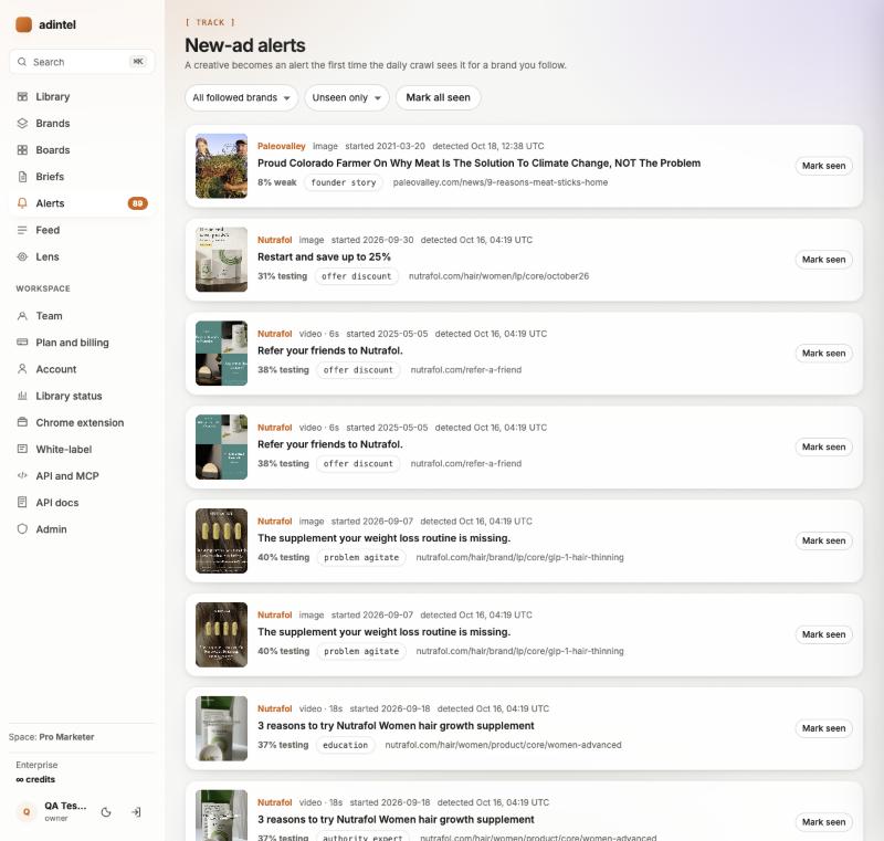 adintel New-ad alerts list with Paleovalley and Nutrafol creatives and their detection dates