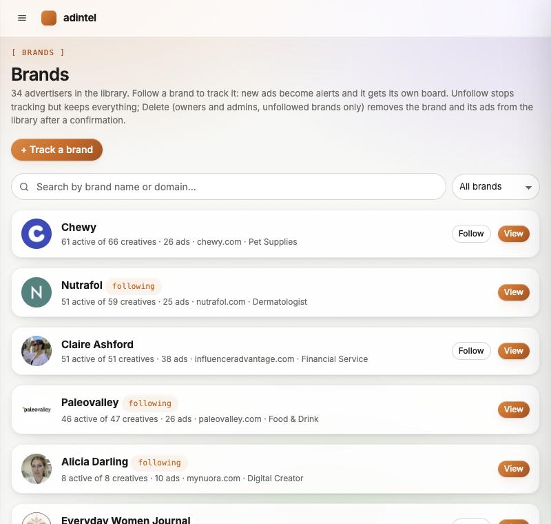 adintel Brands list with Chewy, Nutrafol, Paleovalley and their active creative counts