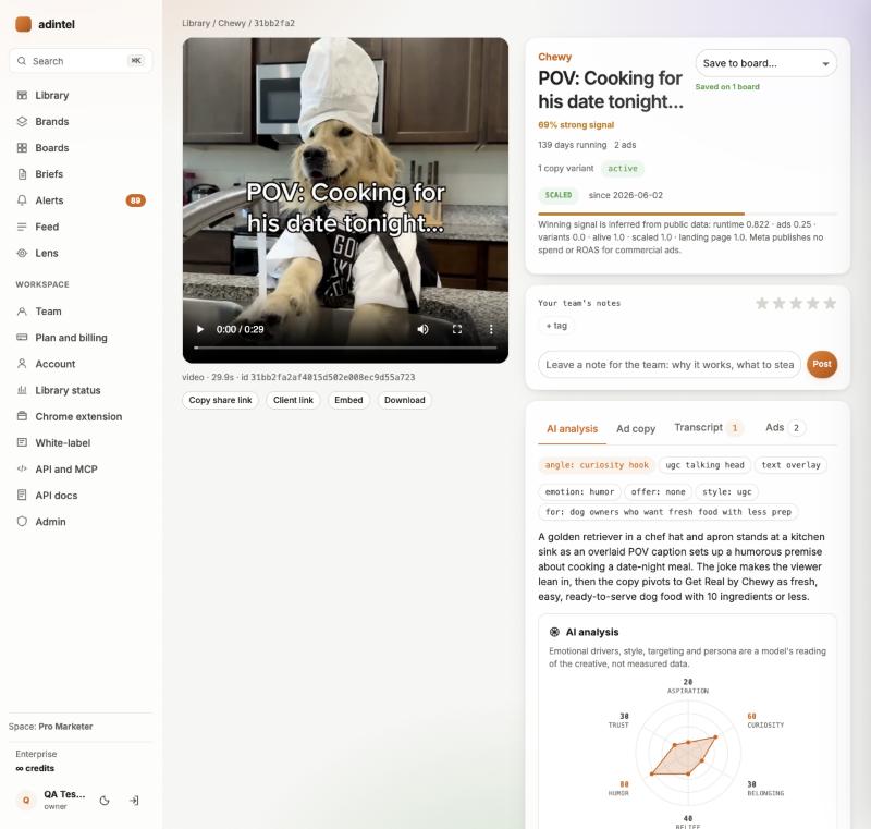 adintel creative page for a Chewy video ad with the winning signal, team notes and the AI analysis tab