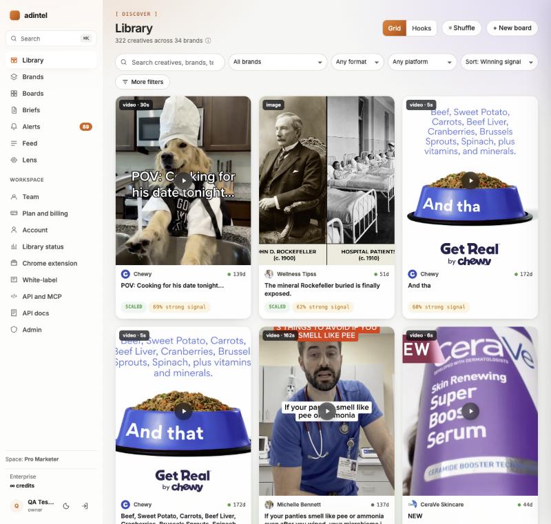 adintel Library grid of 322 creatives across 34 brands with filters and winning signal chips