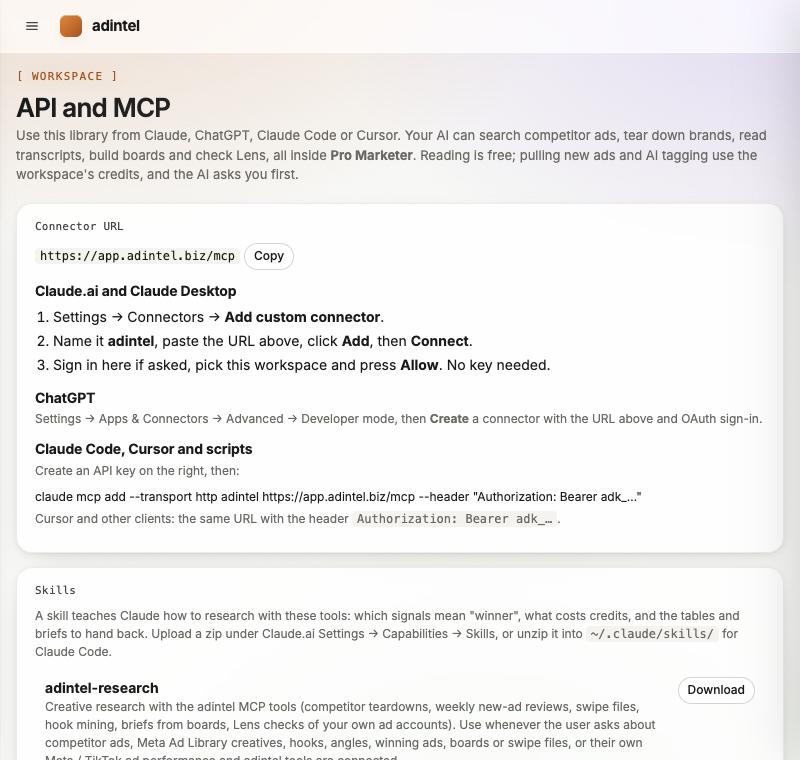 adintel API and MCP settings page with the connector URL https://app.adintel.biz/mcp and setup steps for Claude, ChatGPT and Claude Code