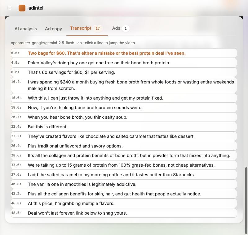 Transcript tab for a Paleovalley ad: 17 timestamped lines starting with Two bags for $60
